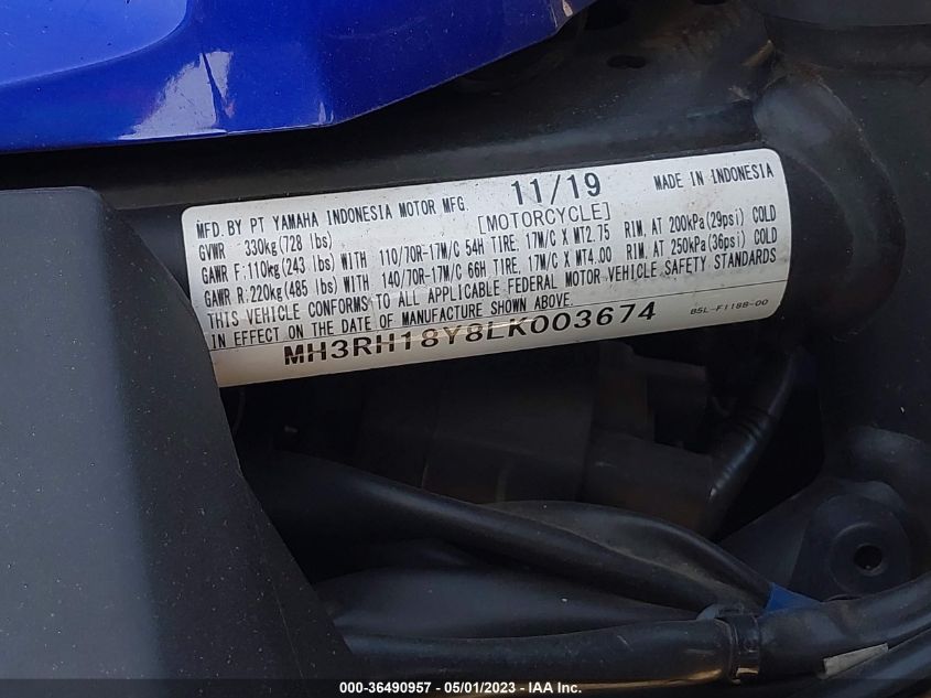 2020 YAMAHA YZFR3 A MH3RH18Y8LK003674