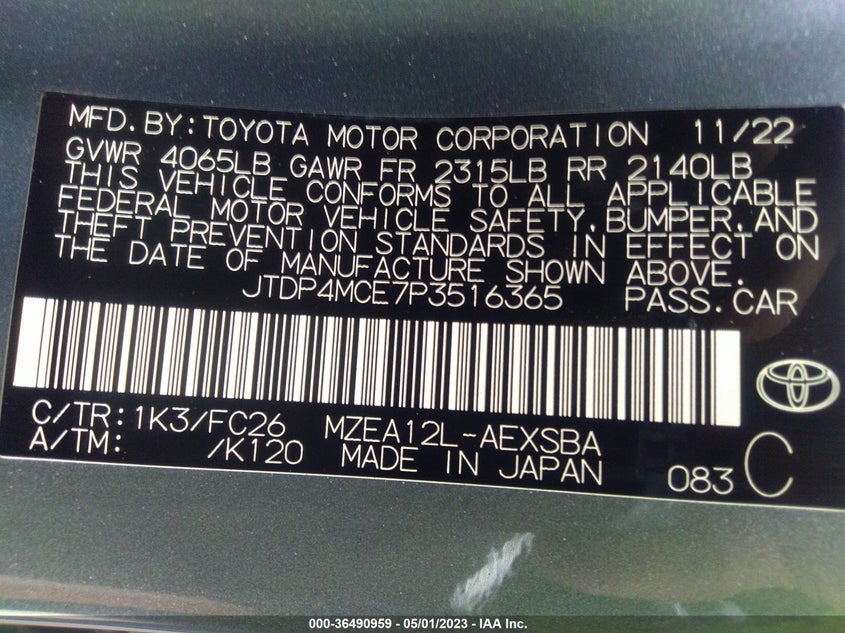 VIN JTDP4MCE7P3516365 2023 TOYOTA COROLLA SE