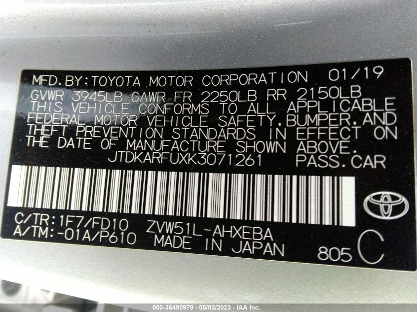 2019 TOYOTA PRIUS L ECO/LE/XLE/LIMITED - JTDKARFUXK3071261