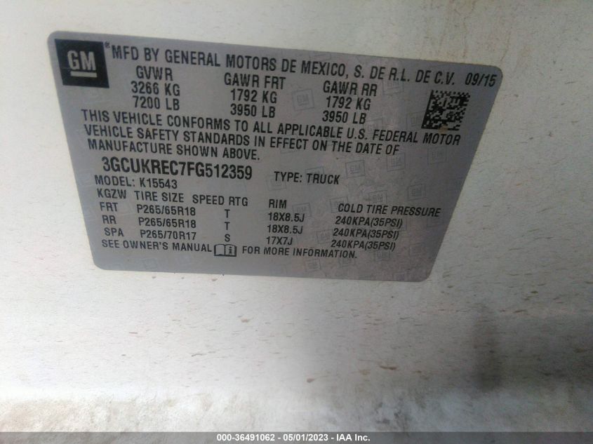 2015 CHEVROLET SILVERADO 1500 LT - 3GCUKREC7FG512359