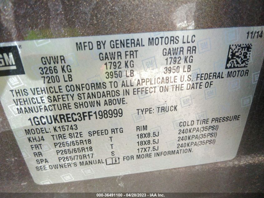 2015 CHEVROLET SILVERADO 1500 LT - 1GCUKREC3FF198999