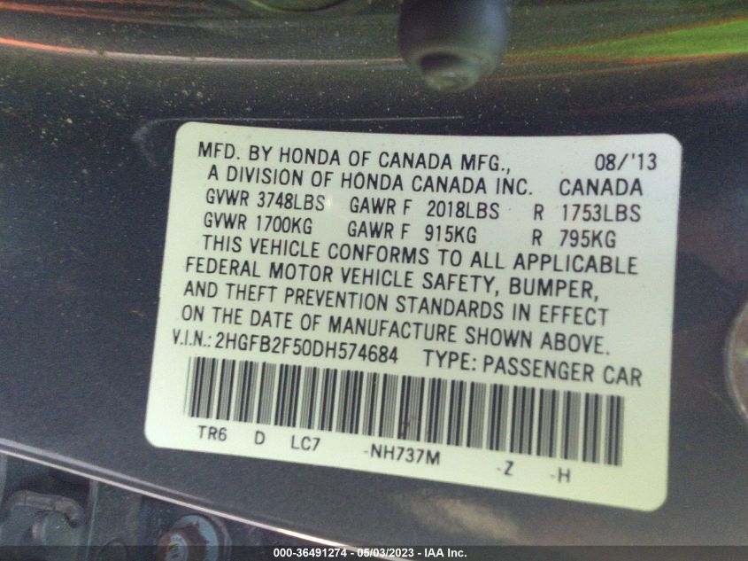 2013 HONDA CIVIC SDN LX - 2HGFB2F50DH574684