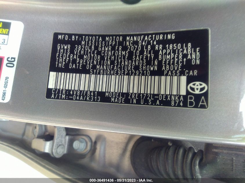 2014 TOYOTA COROLLA L/LE/S/S PLUS/LE PLUS - 5YFBURHE9EP129210