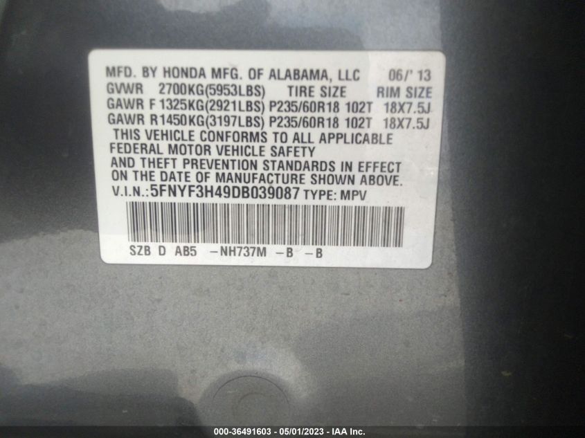 2013 HONDA PILOT EX - 5FNYF3H49DB039087