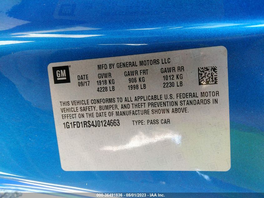2018 CHEVROLET CAMARO 2LT - 1G1FD1RS4J0124663