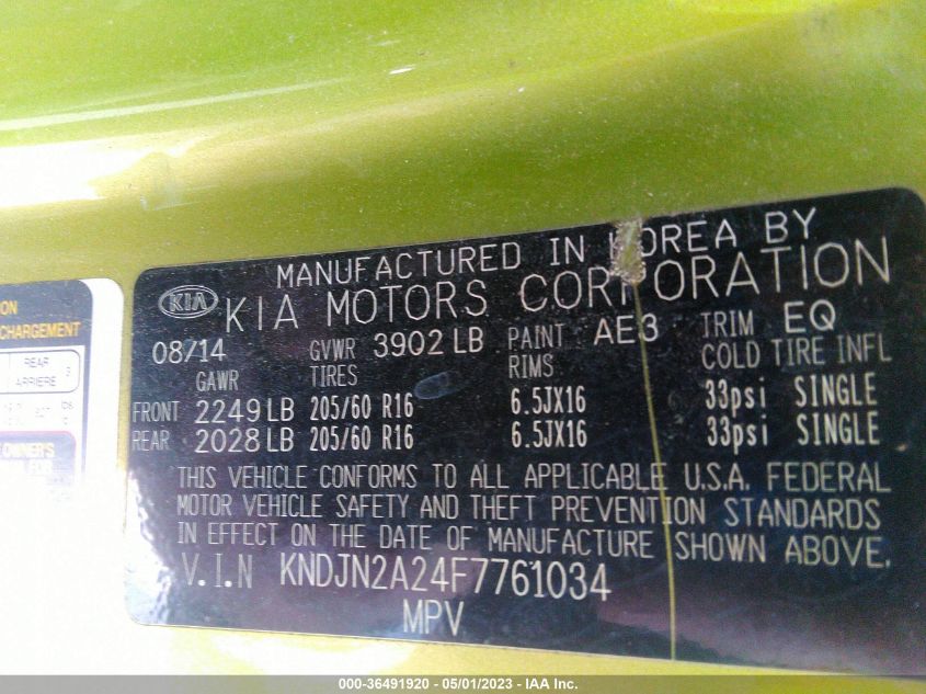 2015 KIA SOUL BASE - KNDJN2A24F7761034