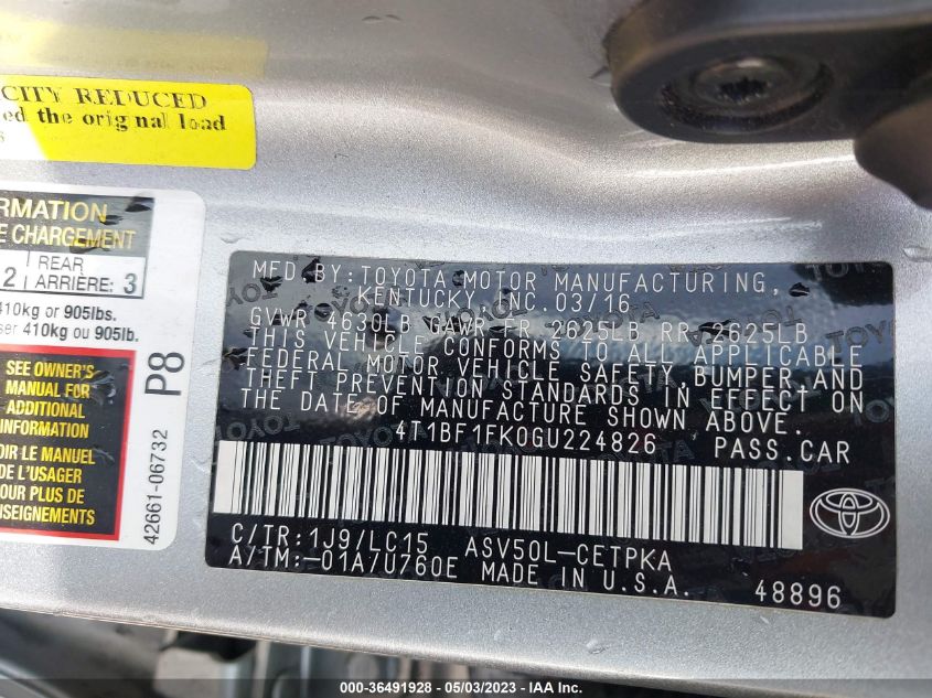 2016 TOYOTA CAMRY XLE/SE/LE/XSE - 4T1BF1FK0GU224826