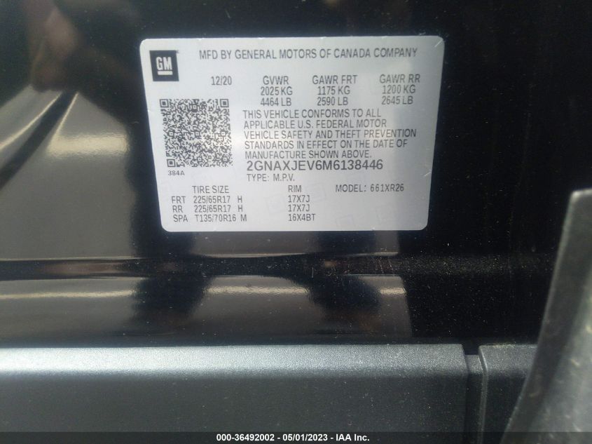 2021 CHEVROLET EQUINOX LT - 2GNAXJEV6M6138446