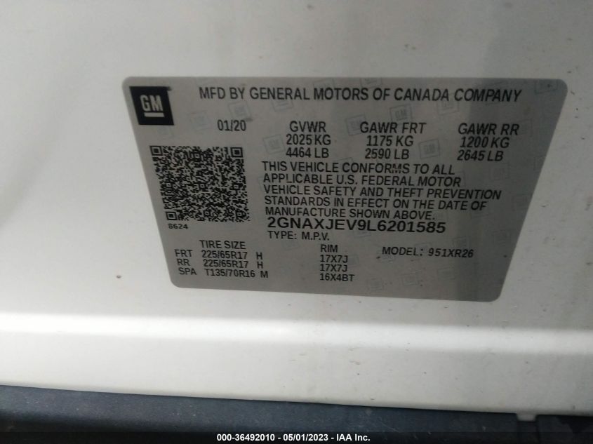 2020 CHEVROLET EQUINOX LT - 2GNAXJEV9L6201585