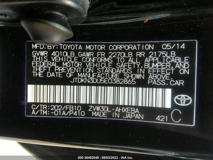 2014 TOYOTA PRIUS FOUR/FIVE/THREE/ONE/TWO - JTDKN3DU5E0382865