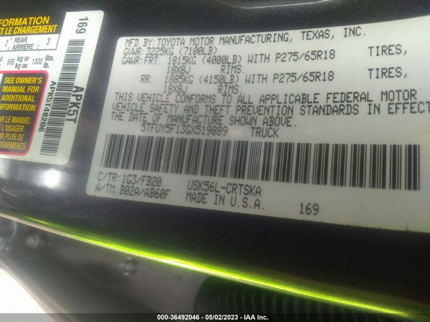 2016 TOYOTA TUNDRA 4WD TRUCK SR/SR5/TRD PRO - 5TFUY5F13GX519889