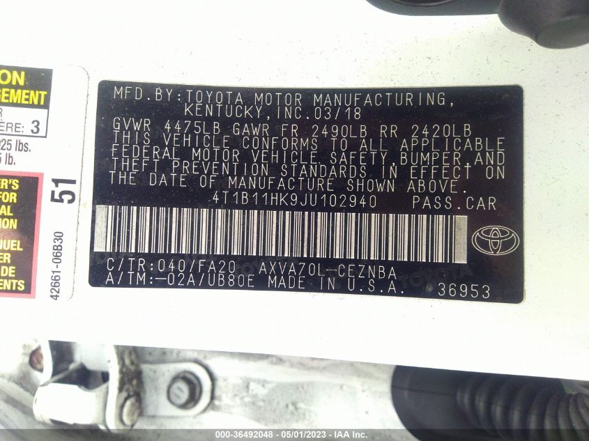 2018 TOYOTA CAMRY LE/SE/XLE/L - 4T1B11HK9JU102940
