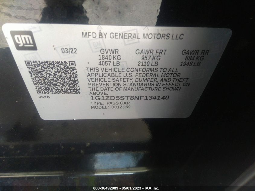 2022 CHEVROLET MALIBU LT - 1G1ZD5ST8NF134140