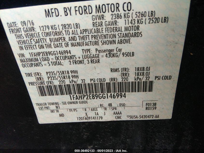 2016 FORD TAURUS SEL - 1FAHP2E89GG146994