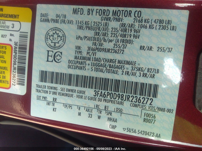 VIN 3FA6P0D98JR236272 2018 FORD FUSION TITANIUM