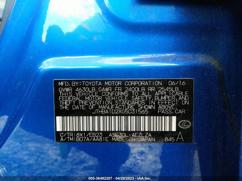 2016 LEXUS IS 200T JTHBA1D2XG5031565