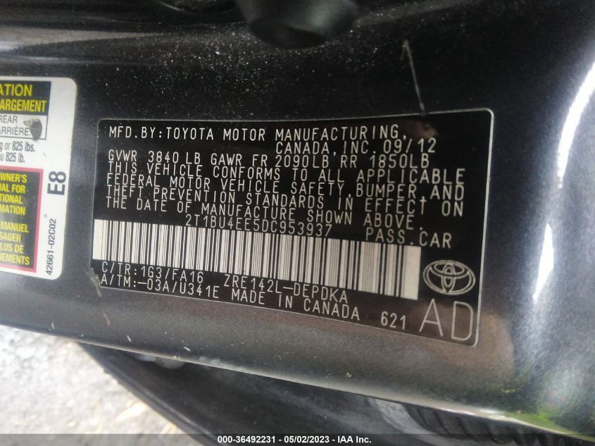 2013 TOYOTA COROLLA L/LE/S - 2T1BU4EE5DC953937