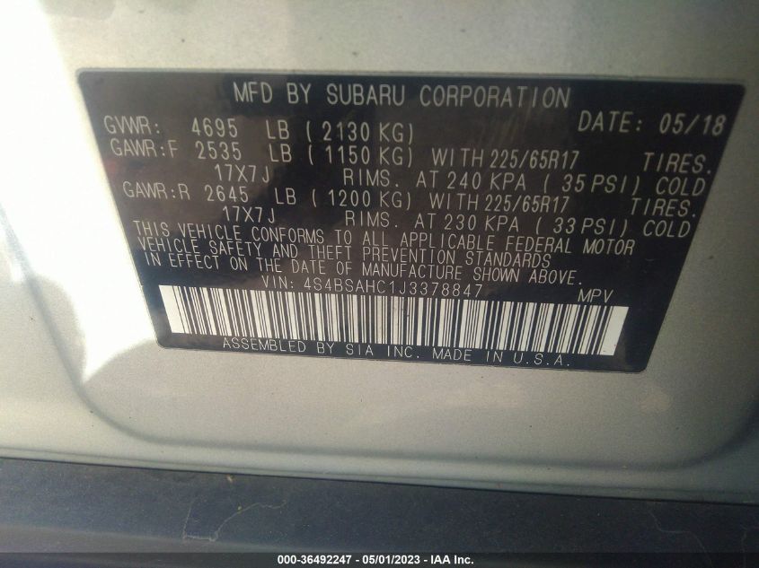 2018 SUBARU OUTBACK PREMIUM - 4S4BSAHC1J3378847