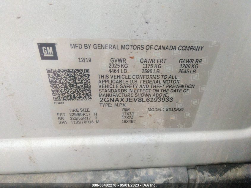 2020 CHEVROLET EQUINOX LT - 2GNAXJEV8L6193933