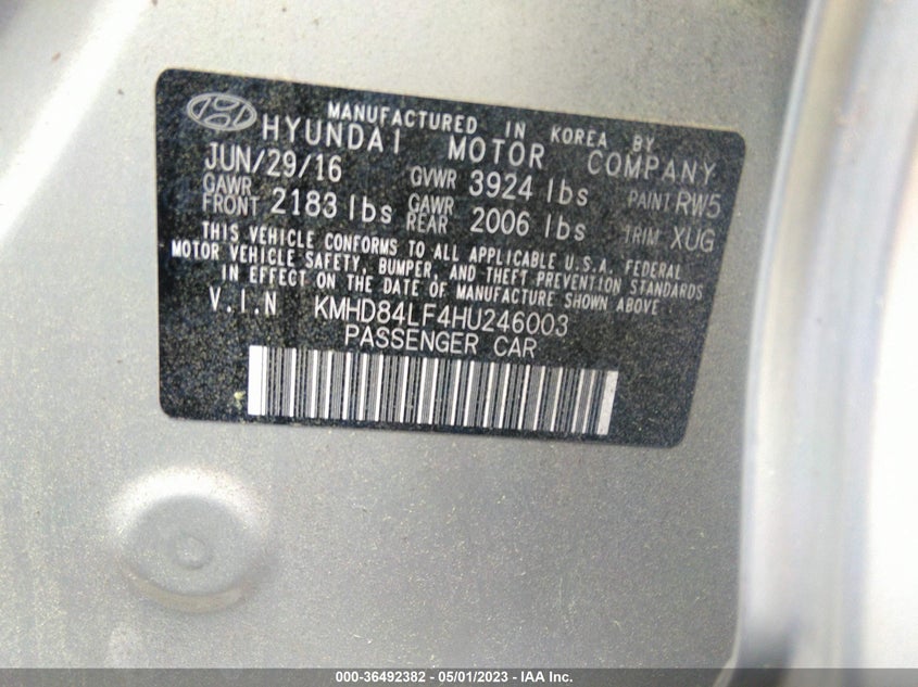VIN KMHD84LF4HU246003 2017 HYUNDAI ELANTRA SE