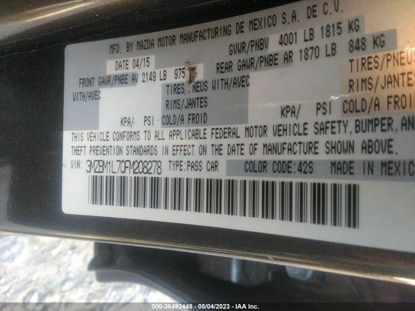2015 MAZDA MAZDA3 I TOURING - 3MZBM1L70FM208278