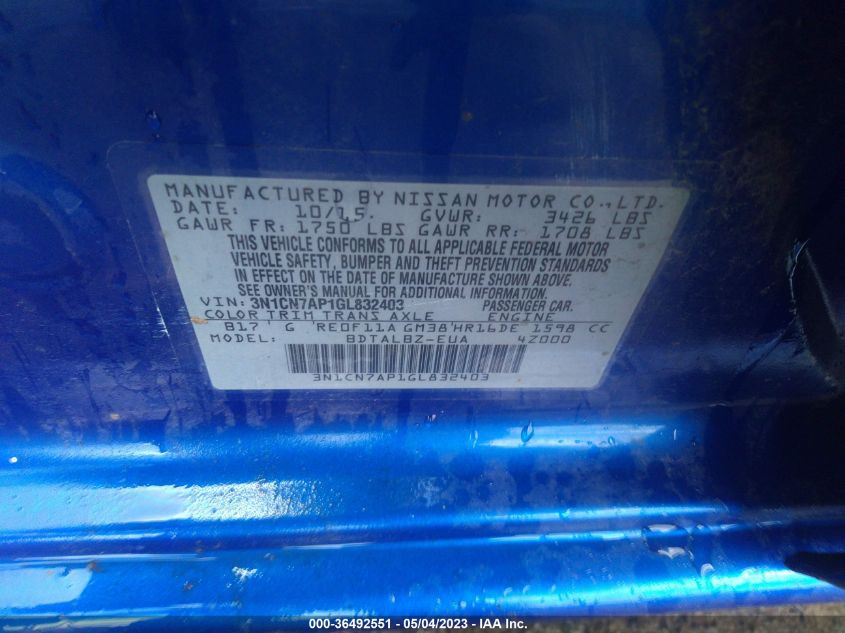 2016 NISSAN VERSA SV - 3N1CN7AP1GL832403