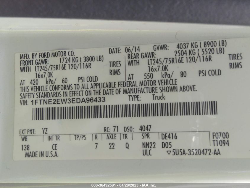 2014 FORD ECONOLINE CARGO VAN COMMERCIAL/RECREATIONAL 1FTNE2EW3EDA96433