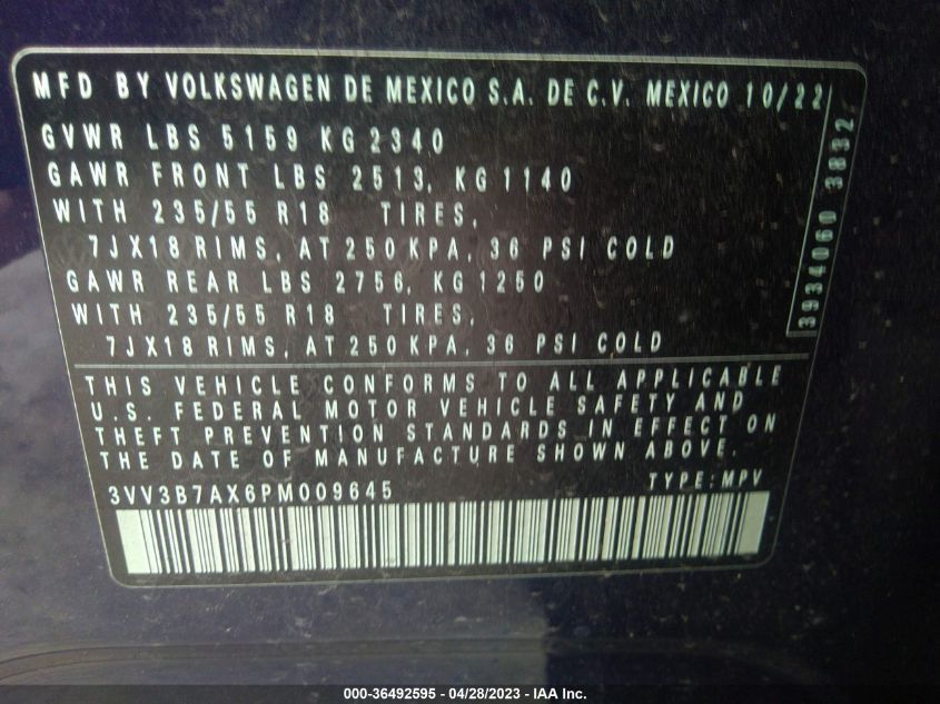 3VV3B7AX6PM009645 Volkswagen Tiguan SE 9