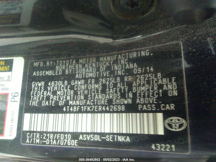 2014 TOYOTA CAMRY L/LE/XLE/SE/SE SPORT - 4T4BF1FK7ER442698