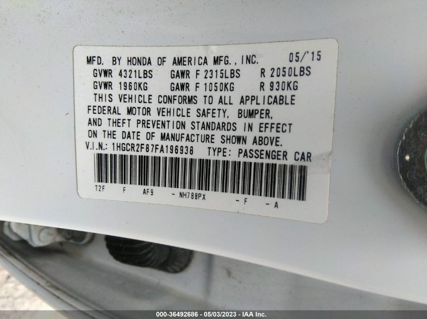 2015 HONDA ACCORD SEDAN EX-L - 1HGCR2F87FA196938