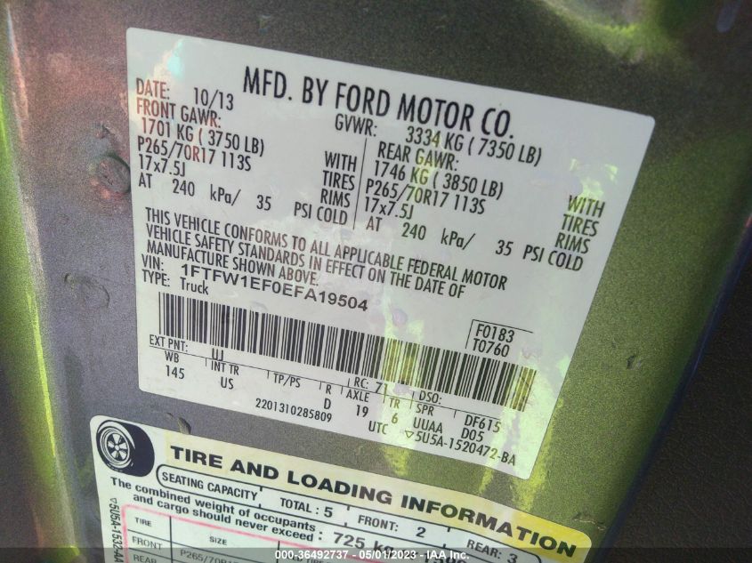 2014 FORD F-150 XL/XLT/STX/FX4/LARIAT - 1FTFW1EF0EFA19504