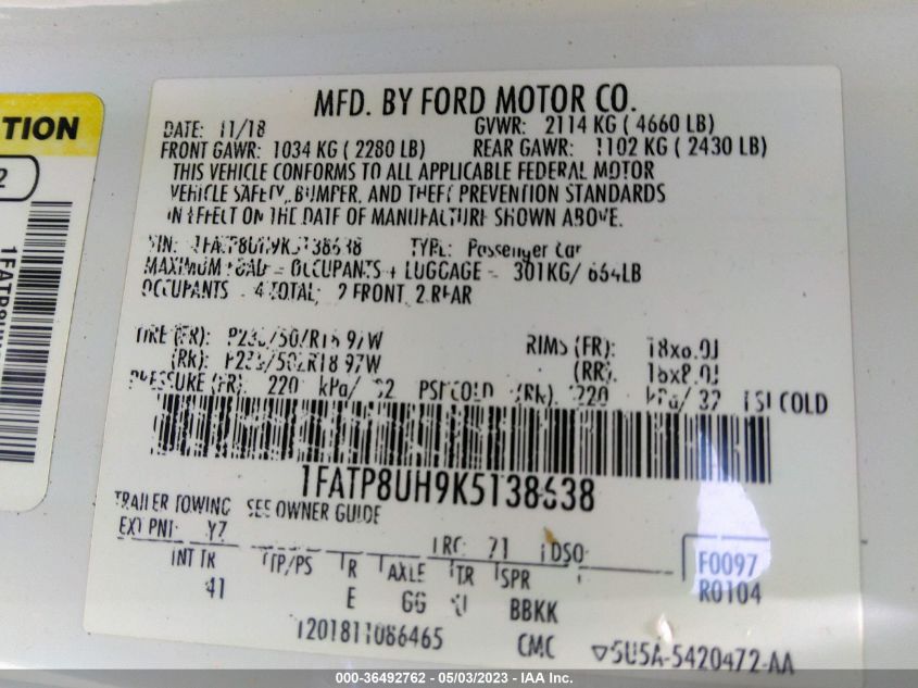 2019 FORD MUSTANG ECOBOOST - 1FATP8UH9K5138638