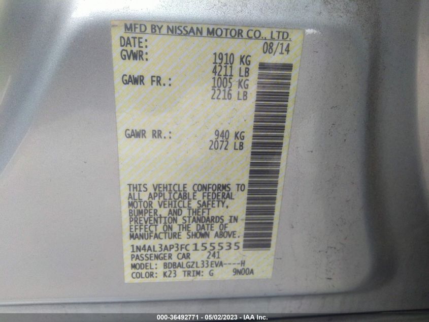 2015 NISSAN ALTIMA 2.5 S - 1N4AL3AP3FC155535