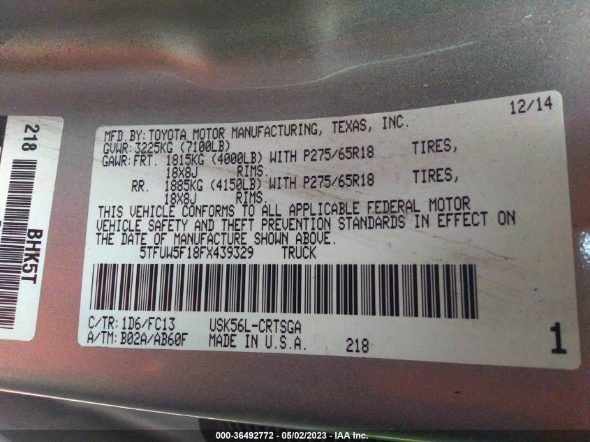 2015 TOYOTA TUNDRA 4WD TRUCK SR/SR5/TRD PRO - 5TFUW5F18FX439329