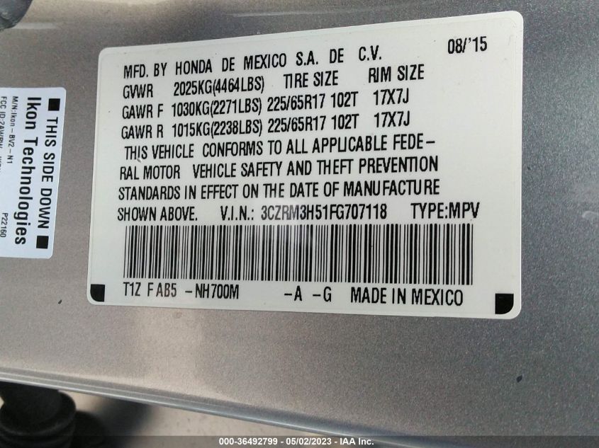 2015 HONDA CR-V EX - 3CZRM3H51FG707118