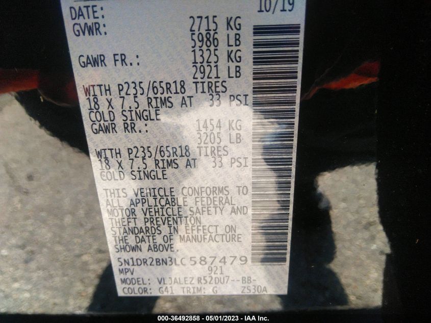 2020 NISSAN PATHFINDER SV - 5N1DR2BN3LC587479