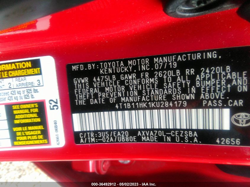 2019 TOYOTA CAMRY LE/SE/XLE/L - 4T1B11HK1KU284179