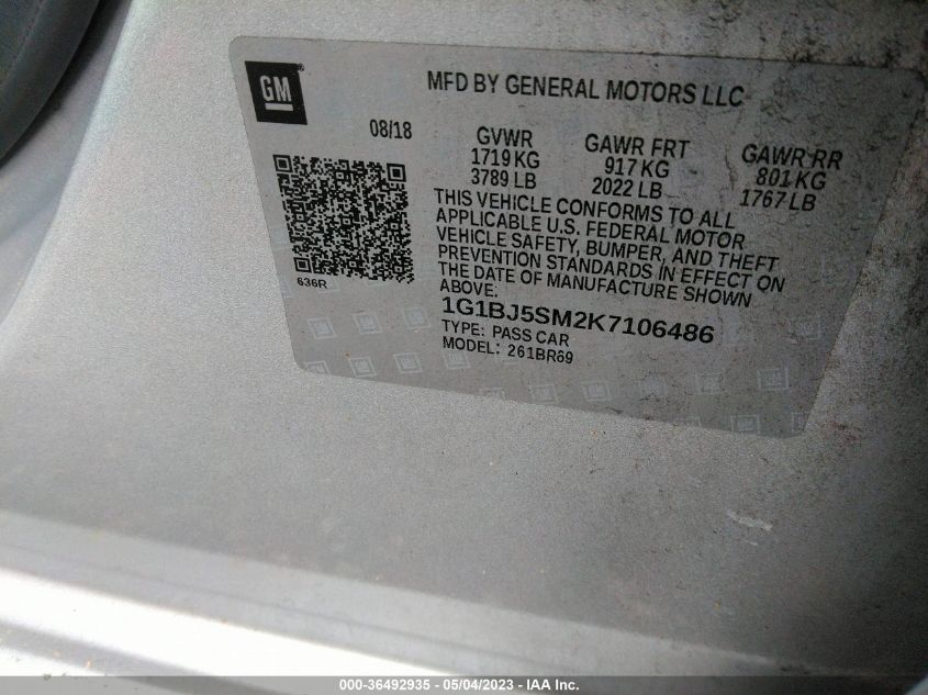 2019 CHEVROLET CRUZE - 1G1BJ5SM2K7106486