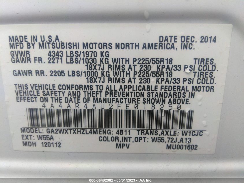 2015 MITSUBISHI OUTLANDER SPORT SE - 4A4AR4AU2FE018250