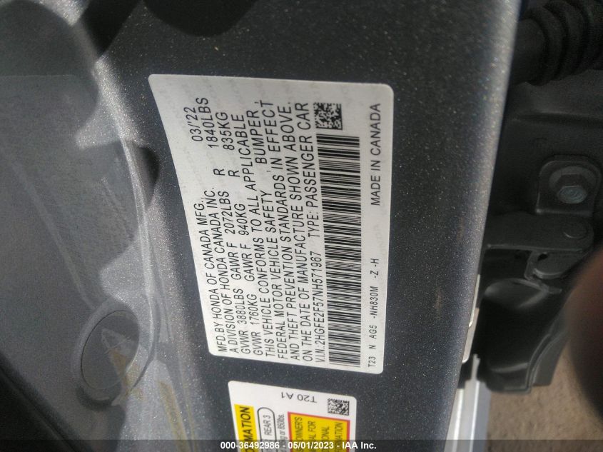 2022 HONDA CIVIC SEDAN SPORT - 2HGFE2F57NH571967