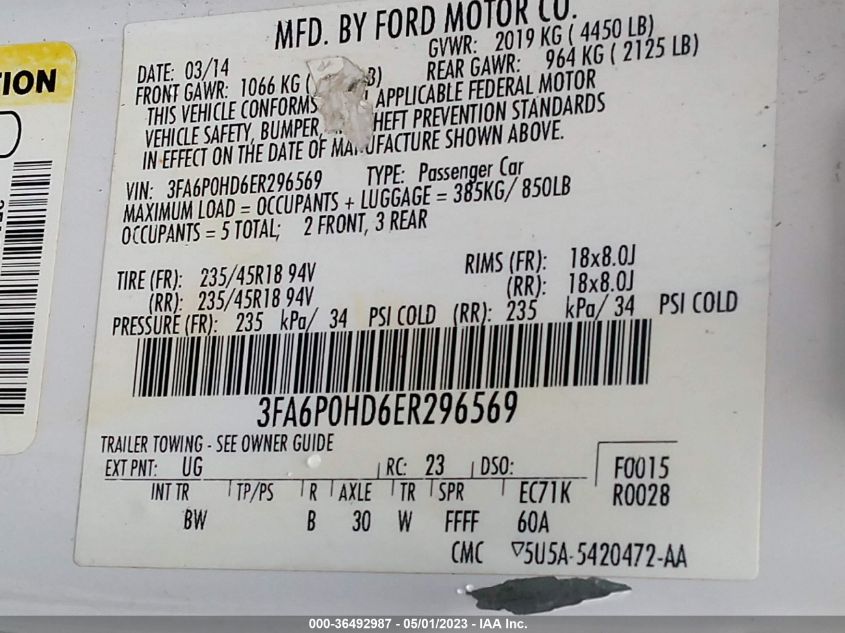 2014 FORD FUSION SE - 3FA6P0HD6ER296569