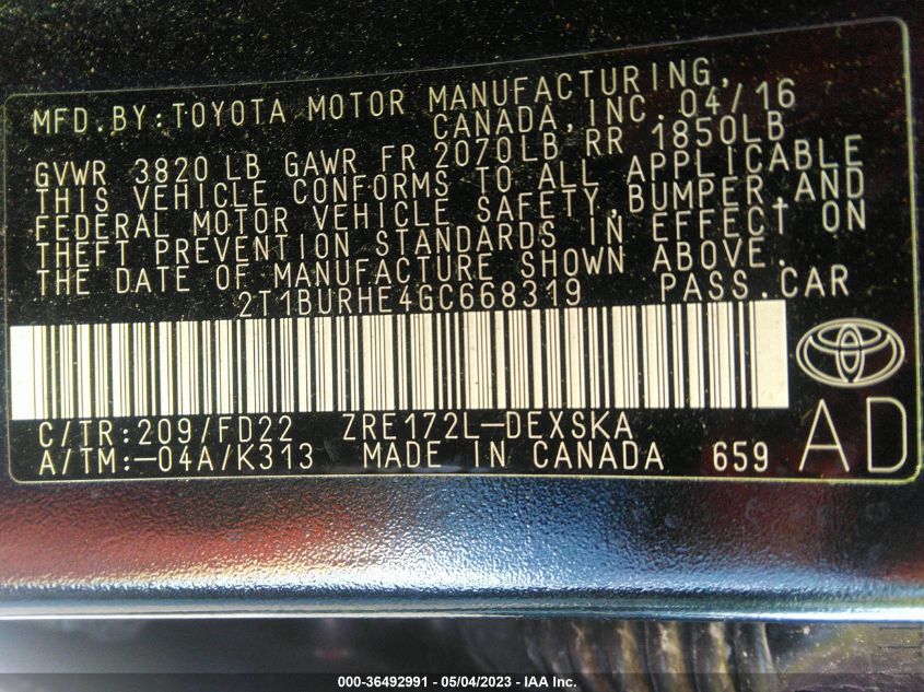 2016 TOYOTA COROLLA L/LE/S/S PLUS/LE PLUS - 2T1BURHE4GC668319