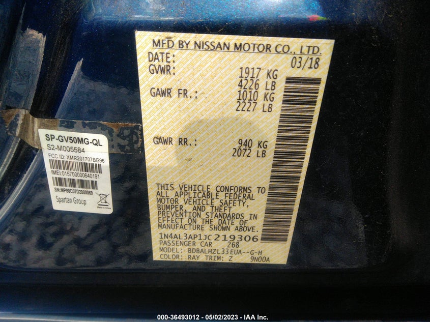 VIN 1N4AL3AP1JC219306 2018 NISSAN ALTIMA 2.5 SR
