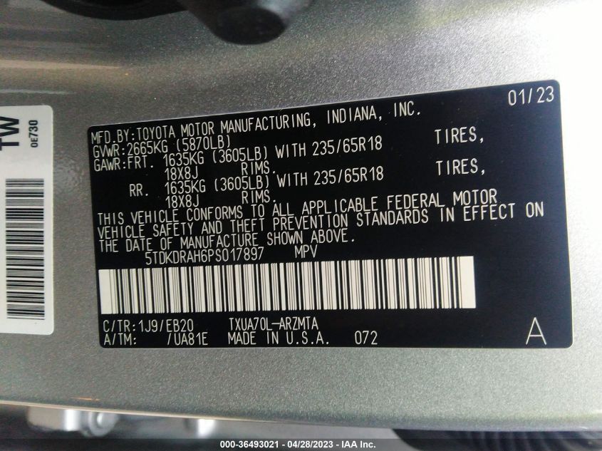 2023 TOYOTA HIGHLANDER L/LE/XLE/XSE/LIMITED - 5TDKDRAH6PS017897