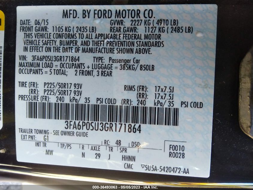 2016 FORD FUSION ENERGI TITANIUM - 3FA6P0SU3GR171864