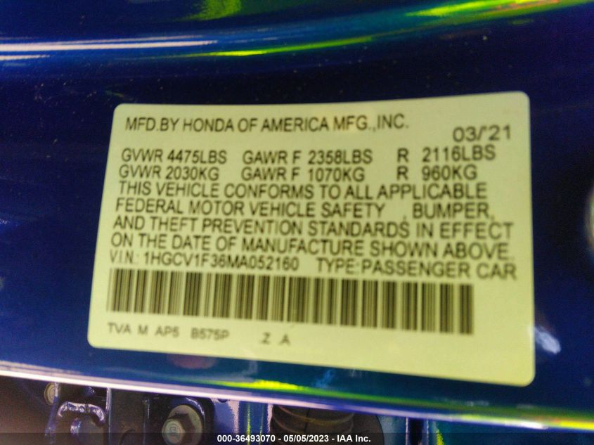 2021 HONDA ACCORD SEDAN SPORT - 1HGCV1F36MA052160