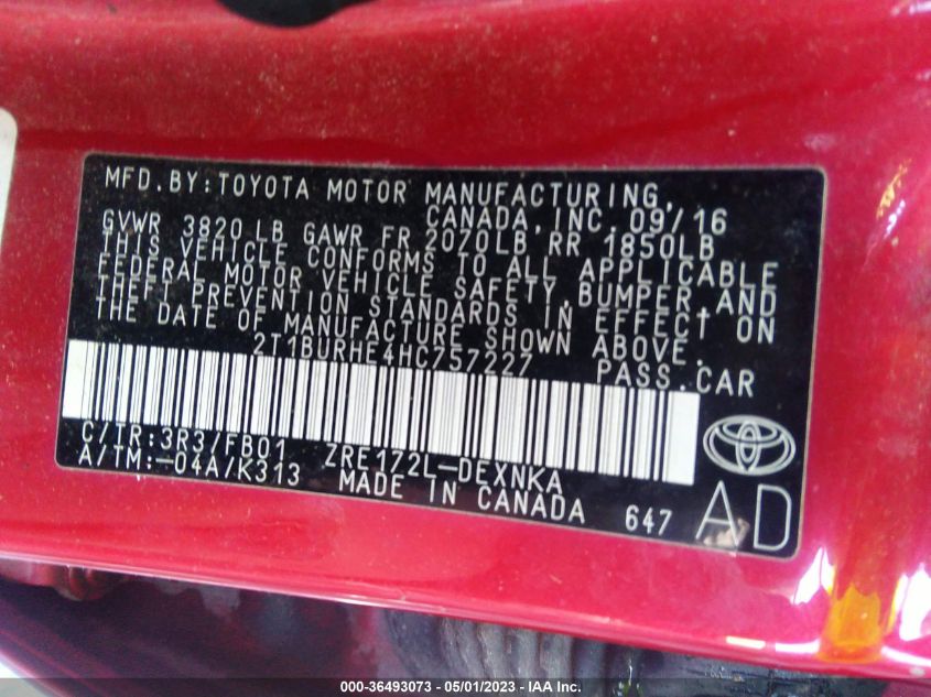 2017 TOYOTA COROLLA L/LE/XLE/SE - 2T1BURHE4HC757227