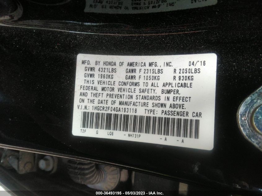 2016 HONDA ACCORD SEDAN EX - 1HGCR2F04GA193118