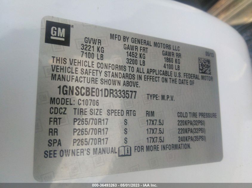 2013 CHEVROLET TAHOE LT - 1GNSCBE01DR333577