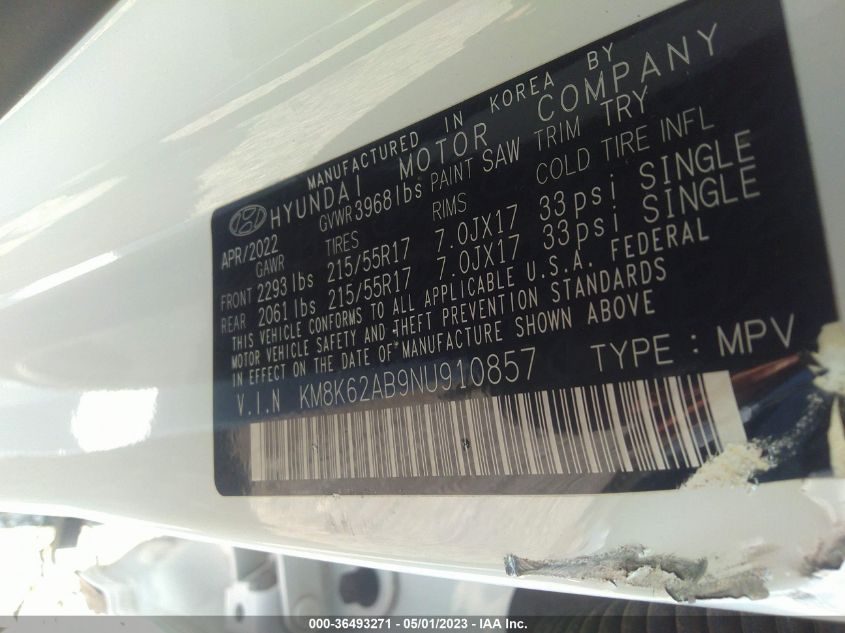 2022 HYUNDAI KONA SEL - KM8K62AB9NU910857